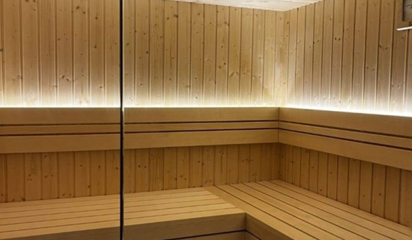 Sauna with seating area in a modern villa on the island of Krk