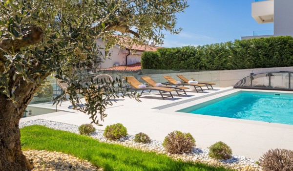 Side view through an olive tree on the patio with sun loungers and a charming seating area by the heated hydro massage pool with a cover