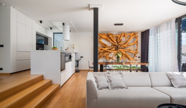 Modern interior of the ground floor, the living room with comfortable sofas, a kitchen with a kitchen island and high tech appliances and spacious dining area