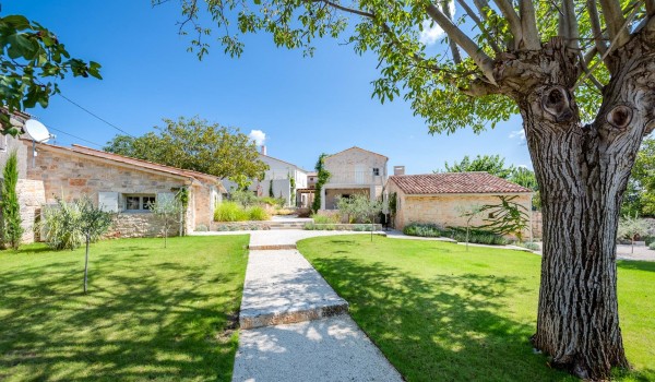 Property and landscaped yard with plants and greenery in front of a family villa with pool in Radovani
