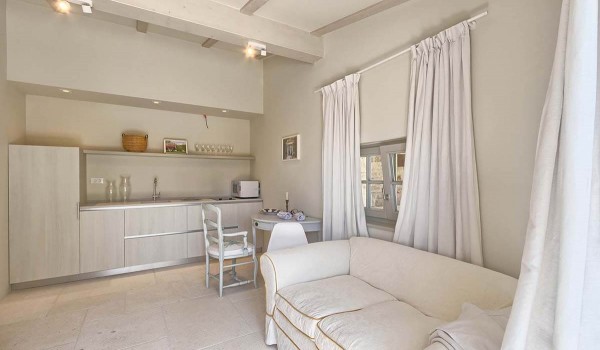 Living space with kitchen, dining area and living room in the pool house on the property of the villa for vacation and rental Deluxe Manor Baderna