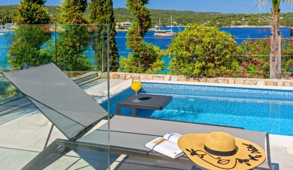 View of the sea from the private pool of the luxury villa Raquel in Šolta, first row to the sea