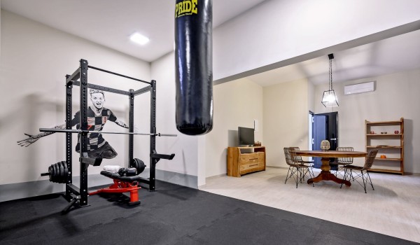 Air-conditioned space with exercise equipment and a table for rest, with SAT TV in a pet-friendly villa for rent next to a sandy beach on the island of Šolta
