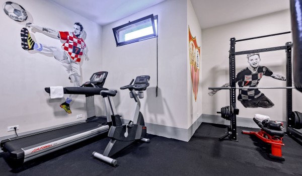 Gym with exercise equipment in the luxury rental villa Raquel by the beach in Šolta