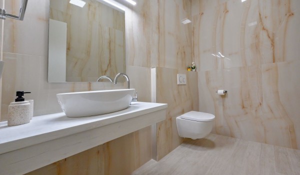 Toilet with sink in luxury pet friendly  villa for rent Raquel with pool,gym and private parking for 8 people