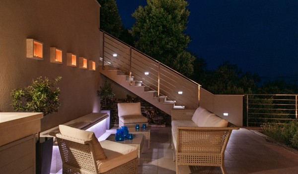 Seating area on the terrace of a luxury vacation villa with private pool and sea view on Korcula island
