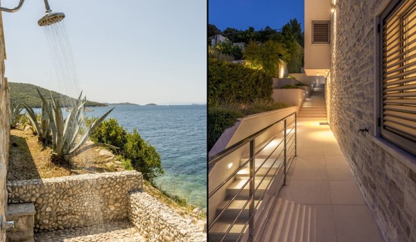 Outdoor shower of a luxury Croatian villa for romantic vacation on Korcula island