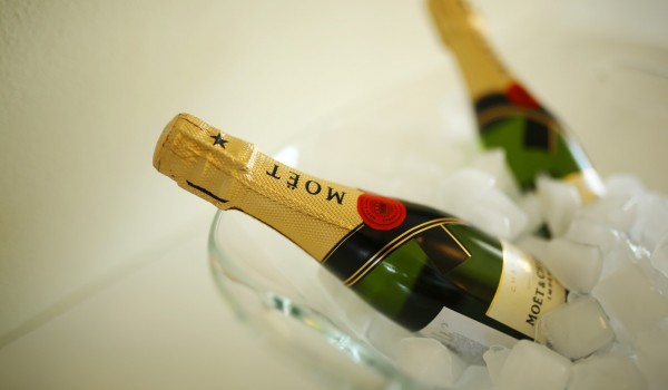 Served bottles of chapagne of luxury family villa in Višnjan with sauna, pool and jacuzzi.