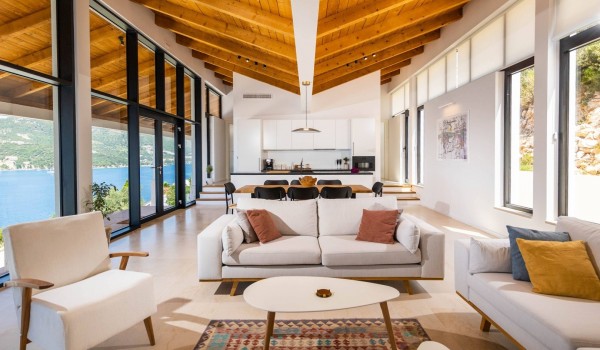 Spacious living room in  luxury vacation villa Crystal Palace in Dubrovnik with private pool for romantic vacation with sea view.