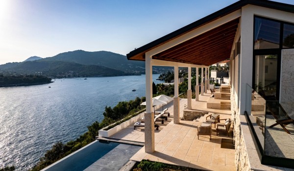 Sunny terrace in seafront luxury villa Crystal Palace in Dubrovnik with private pool.