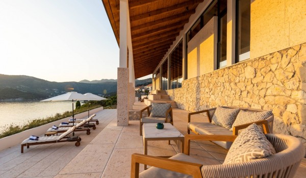 Sunny terrace in seafront luxury villa Crystal Palace in Dubrovnik with private pool.