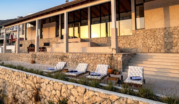 Sunbathing area neaar pool in Dubrovnik luxury family villa Crystal Palace by the sea.