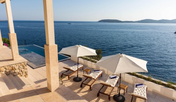 Sunbathing area neaar pool in Dubrovnik luxury family villa Crystal Palace by the sea.