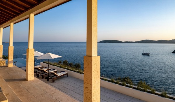 Sunny terrace with seaview in Croatia luxury villa Crystal Palace in Duborvnik with infinity pool.