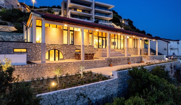 Night picture of luxury Croatian villa Crystal Palace in Dubrovnik for family vacation with pool.