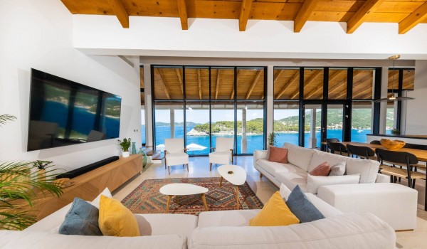 Modern living room in seafront Croatian  luxury villa Crystal Palace in Dubrovnik for family vacation and rent.
