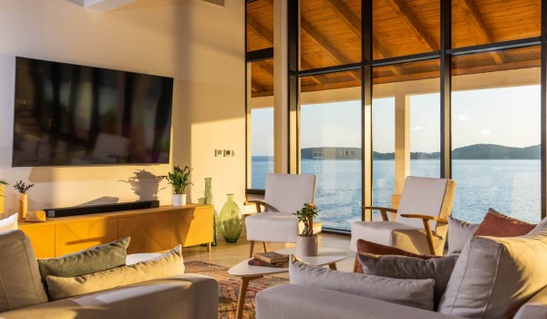 Sunny living room in Croatian luxury villa Crystal Palace in Dubrovnik with pool for vacation.