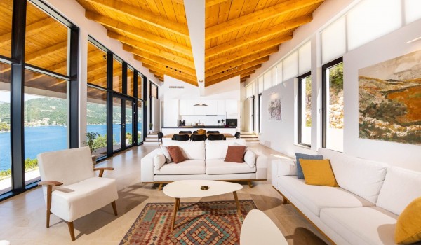 Sunny living room in Croatian luxury villa Crystal Palace in Dubrovnik with pool for vacation.