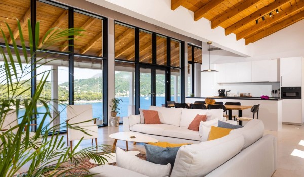 Spacious living room in modern Croatian luxuryy villa Crystal Palace by the sea with pool.