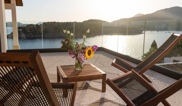 Sunny terrace with view in Croatian luxury villa Crystal Palace Dubrovnik with private pool.