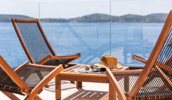 Sunny terrace with view in Croatian luxury villa Crystal Palace Dubrovnik with private pool.