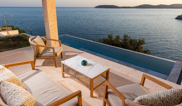 Seating area with sea view in Croatian luxury villa Crystal Palace Dubrovnik with total privacy.