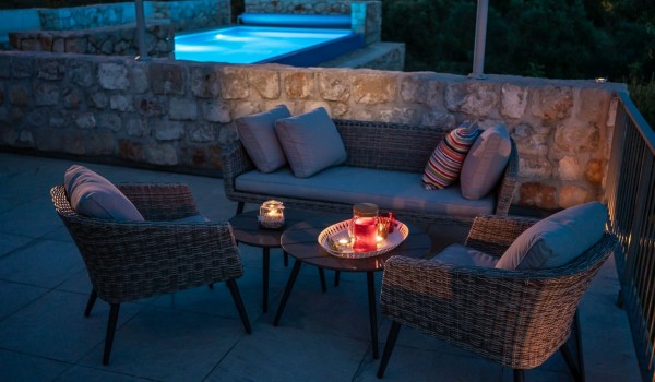 Outdoor lounge area on the terrace of the luxurious villa Aromatica in Dubrovnik on Sipan island for vacation and rent