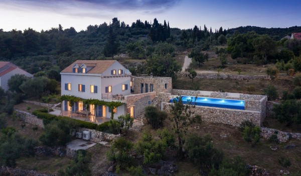 Aerial view of the luxury villa Aromatica in Dubrovnik with private parking and terrace with private pool