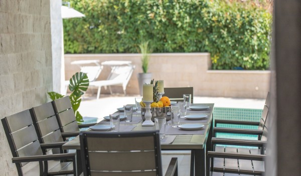 Outdoor dining table on the terrace of a Croatia luxury sea view villa Trogir 3 for vacation and rent on Ciovo