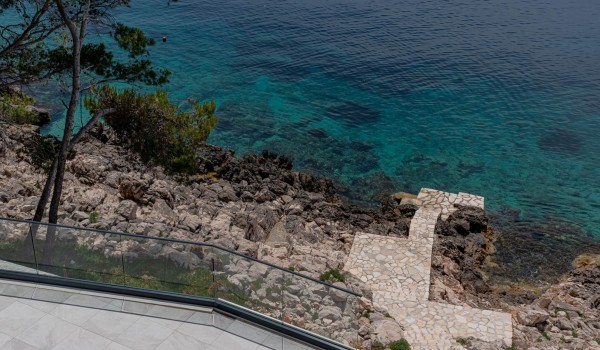Sky view of the private beach plateau of Croatia luxury holiday villa Miracul with private pool, gym and private access to the beach on the island of Korcula