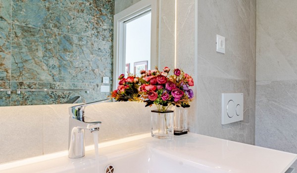 A detail from the  bathroom with a shower of a Croatia luxury seafront villa Miracul for family vacation  on Korcula