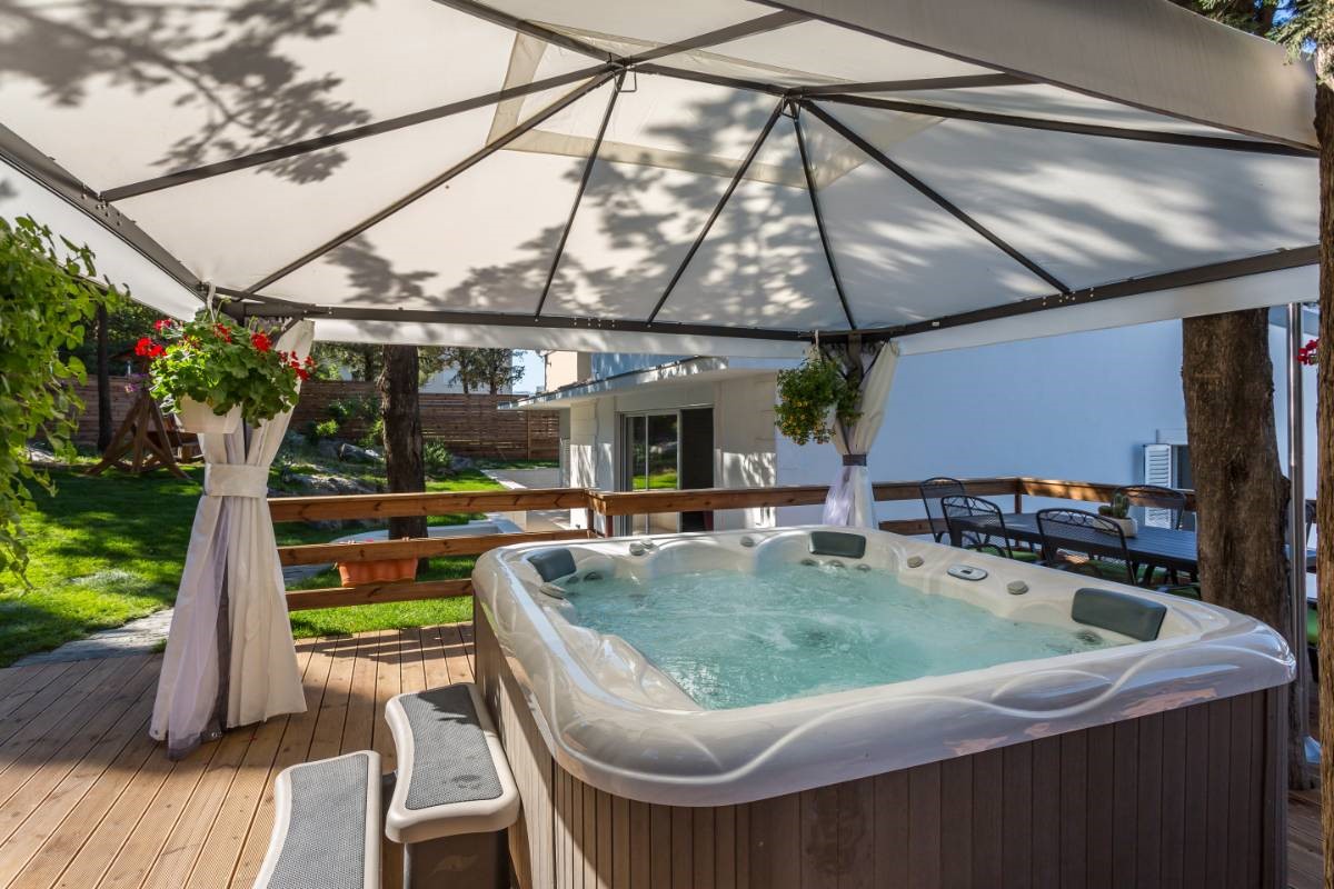 Croatia luxury villa Bila Vila Split with a jacuzzi under garden pergola, heated pool, sauna, play room, near sea, 3 bedrooms with 3 en suite bathrooms