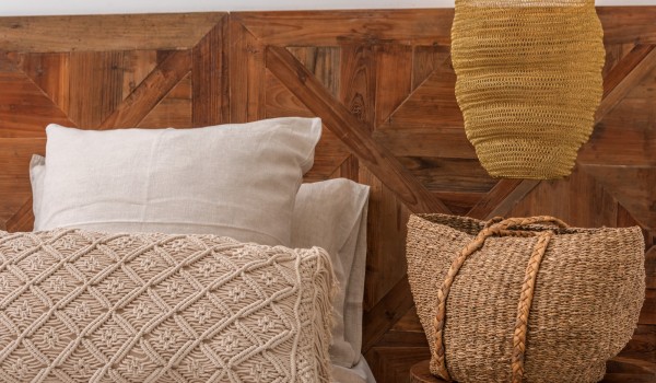 Modern details of a comfortable bedroom with en suite bathroom in a modern vacation villa on Brač