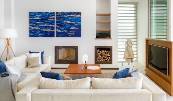 Interior of an air-conditioned living room safe for children to play in a luxury holiday villa in Brela by the beach