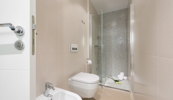 Luxury en suite bathroom with sink, toilet and walk-in shower in a modern villa with pool for rent in Brela