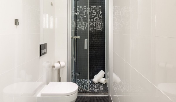 Walk-in shower with toilet in the en suite bathroom of a family villa with a swimming pool for rent and holidays by the sea and the beach in Brela