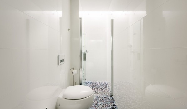 Elegant walk-in shower with toilet and sink in the en suite bathroom of a luxury family villa for vacation and rental by the beach in Brela