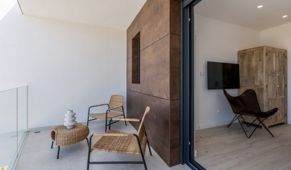 Balcony of Croatia luxury pool villa with lounge area and sea view for vacation with friends