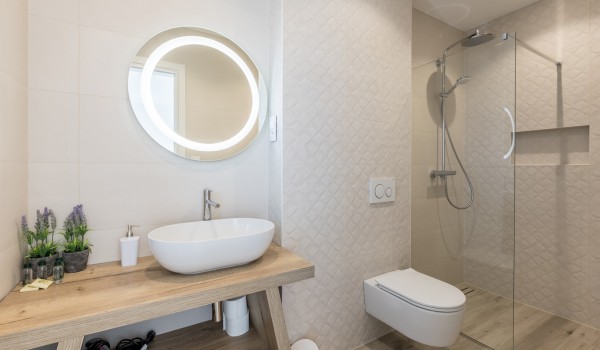 Luxury bathroom of Croatia pool villa with shower cabin and sink for family vacation in Razanj