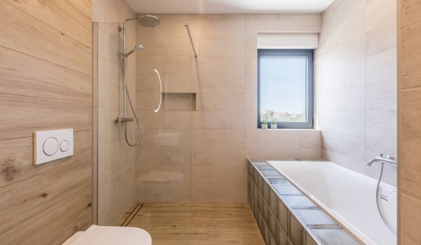 Bathroom of Croatia luxury pool villa with bathtub and shower for vacation with friends