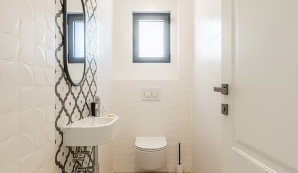 Bathroom of Croatia luxury pool villa with sink and mirror for vacation and rent in Razanj