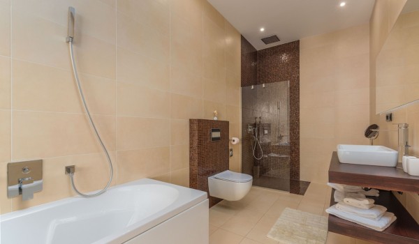 Bathroom with walk-in shower and bathtub in a Croatia luxury vacation villa by the sea in Istria