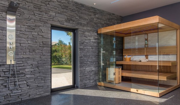 Private sauna and shower in a Croatia luxury family villa with private parking and pool by the sea in Istria