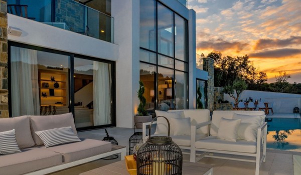 Seating set on the outdoor terrace of the Croatian luxury villa Korcula for family vacation on the island of Korcula