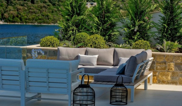 Seating set on the balcony with a view of the sea in the luxury villa Korcula Prestige on the island of Korcula