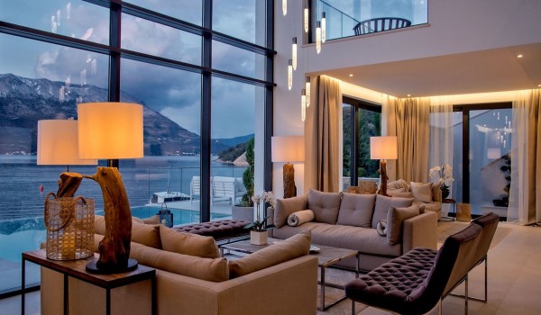 Seating set and armchairs in the living room with a view of the sea in the luxury villa Korcula Prestige on the island of Korcula