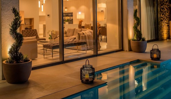 View from the outdoor terrace with a private pool on the interior of the luxury villa Korcula Prestige with a living room