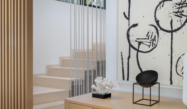 Modern stairs in Croatian holiday luxury villa Sutivan with private pool by the beach.