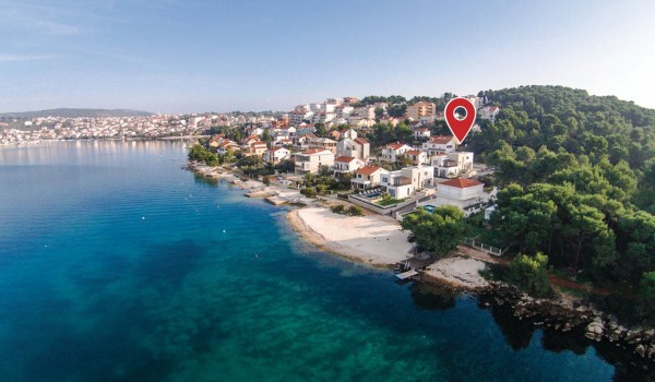 Aerial view of a Croatia luxury seafront villa Trogir 2 with private pool and sauna for vacation with friends or family