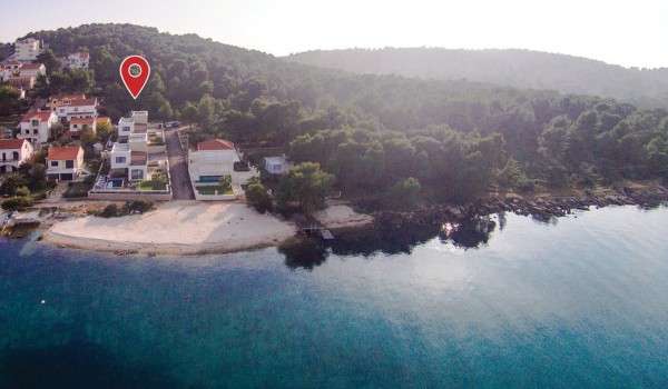 Aerial view of a Croatia luxury seafront villa Trogir 2 with private pool and sauna for vacation with friends or family